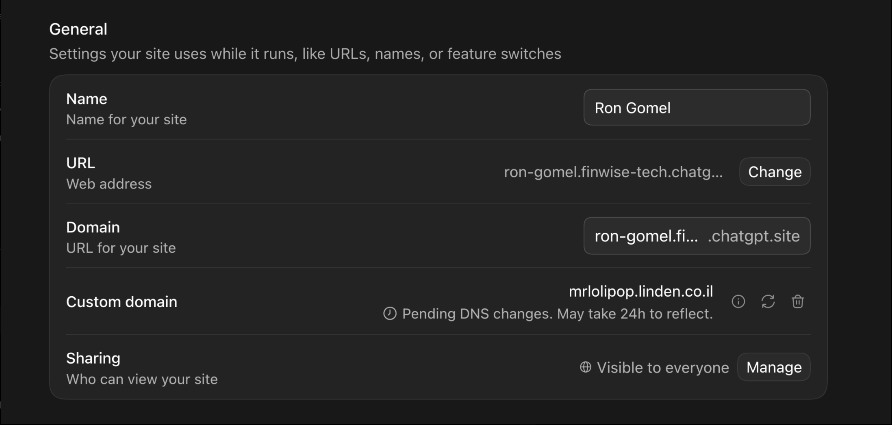 מסך General בהגדרות האתר, ובו שורת Custom domain ומצב Pending DNS changes