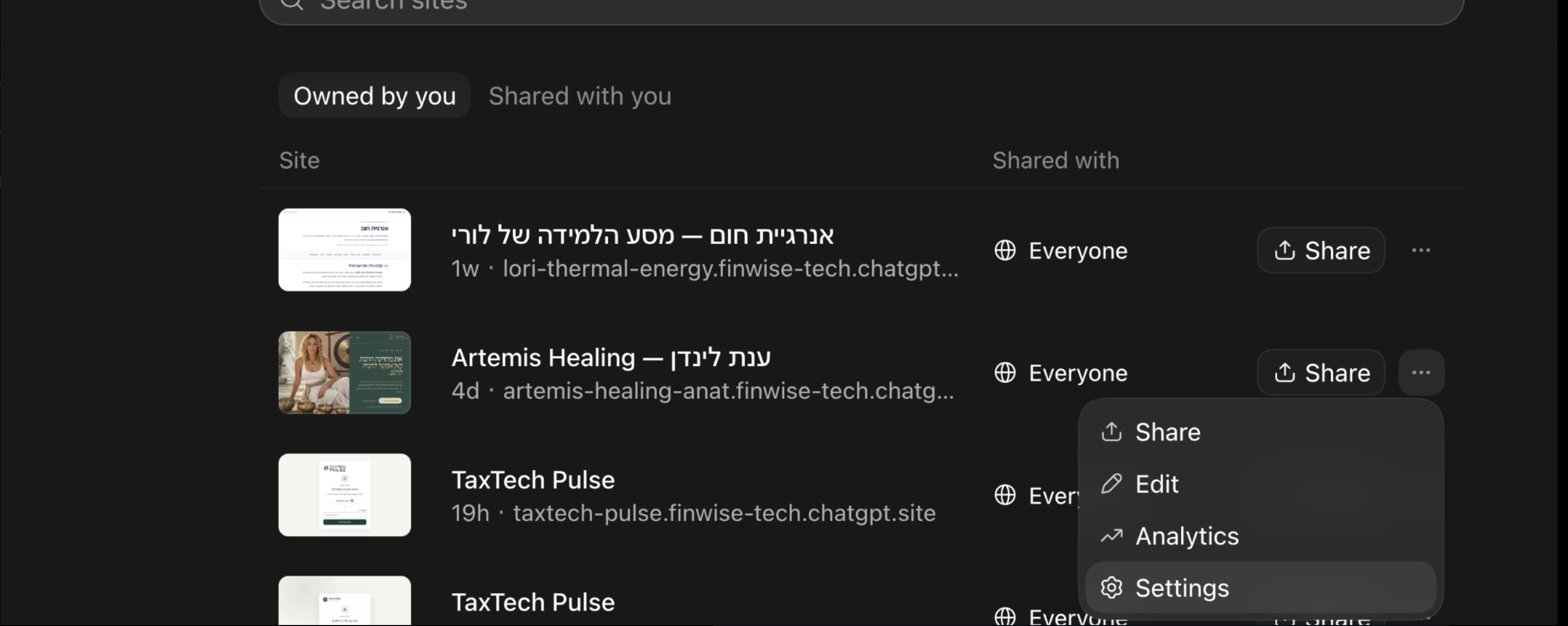 רשימת אתרי ChatGPT Sites: ליד האתר תפריט שלוש נקודות, ובתחתית התפריט האפשרות Settings